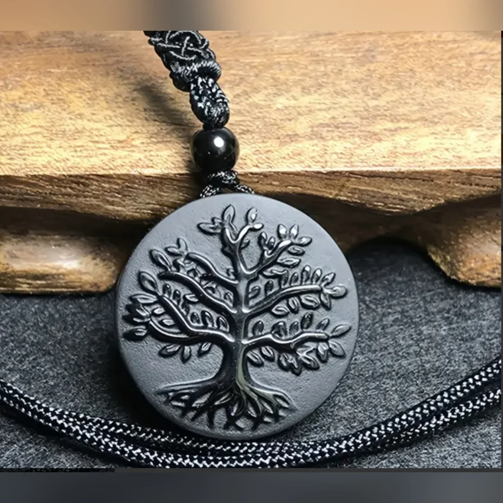 Obsidian Men's Frosted Tree of Life Necklace Pendant